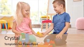  Presentation with children playing - Audience pleasing PPT layouts consisting of little children playing with blocks backdrop and a coral colored foreground