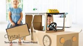  Presentation with taxi - Slide deck having little children playing with cardboard taxi in light room background and a coral colored foreground