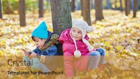  Presentation with biscuit - Audience pleasing presentation theme consisting of little children sits on ground on yellow fallen leaves leaning at tree trunk in autumn park boy eats biscuit sticks backdrop and a gold colored foreground