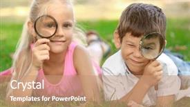  Presentation with children - Colorful presentation theme enhanced with little children with magnifying glasses backdrop and a  colored foreground