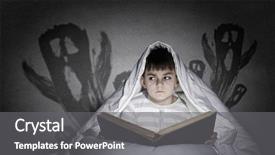  Presentation with bed - Beautiful slide set featuring little cute boy sitting in bed under blanket with book backdrop and a gray colored foreground