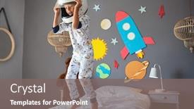  Presentation with planets - Colorful presentation design enhanced with little-cute-boy-wearing-cosmonaut backdrop and a gray colored foreground