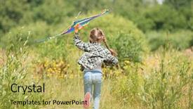  Presentation with kite - Slide deck featuring little cute girl flying a rainbow kite in a meadow on a sunny day back view background and a yellow colored foreground