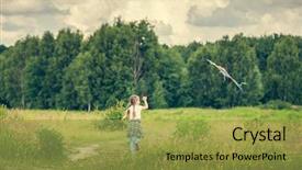  Presentation with kite - Amazing slides having little cute girl flying a striped kite in a meadow on a sunny day back view backdrop and a gold colored foreground