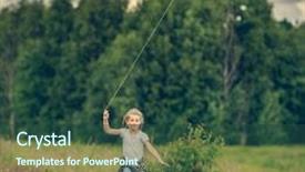  Presentation with kite - Slides enhanced with little cute girl flying a kite in a meadow on a sunny day background and a ocean colored foreground
