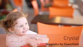  Presentation with cute - Slide deck featuring little cute girl in white shirt sits at table in cafe and holds red wallet background and a coral colored foreground