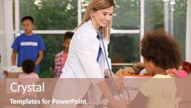  Presentation with group of three young girl - Beautiful PPT theme featuring hospital social work - young woman examining little cute backdrop and a  colored foreground