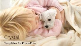  Presentation with puppy - Audience pleasing PPT theme consisting of little cute girl with puppy at home backdrop and a coral colored foreground