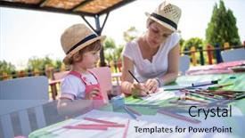  Presentation with crayons - Colorful slide deck enhanced with little daughter cheerfully spending time backdrop and a light blue colored foreground