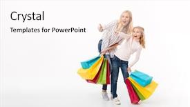  Presentation with daughter mother - Cool new PPT theme with little daughter standing with shopping backdrop and a pink colored foreground