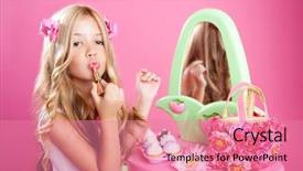  Presentation with makeup fashion model applying lipstick - Cool new PPT theme with little dolls - fashion doll girl with lipstick backdrop and a coral colored foreground
