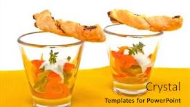 Presentation with appetizers - Presentation design consisting of little fingerfood appetizers in glasses with breadsticks nicely decorated background and a gold colored foreground
