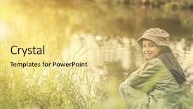  Presentation with fisher - Amazing PPT theme having little fisher girl sitting on a river bank with a rod smiling backdrop and a blonde colored foreground