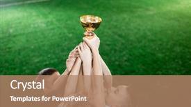  Presentation with footballers - Beautiful slides featuring little footballers holding gold award backdrop and a coral colored foreground