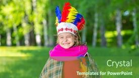  Presentation with native american - Colorful slide deck enhanced with little funny girl playing native american in summer park backdrop and a forest green colored foreground