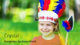  Presentation with native american - Cool new PPT theme with little funny girl playing native american in summer park backdrop and a yellow colored foreground