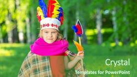 Presentation with native american - PPT layouts having little funny girl playing native american in summer park background and a forest green colored foreground
