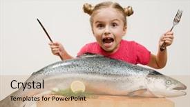  Presentation with children and healthy eating - PPT theme having little girl and big fish background and a soft green colored foreground