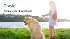  Presentation with human and dog paw print - PPT layouts with little girl and big kind dog on the riverside background and a cool aqua colored foreground