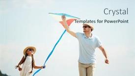  Presentation with blue sky - Colorful slide set enhanced with little girl and her father playing with self-made kite against blue sky on summer day backdrop and a sky blue colored foreground