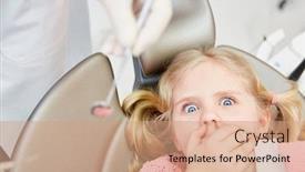  Presentation with anxiety - Slide deck having little girl as an anxiety patient shuts her mouth while examining the dentist background and a coral colored foreground