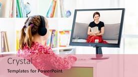  Presentation with teacher - Presentation theme consisting of little-girl-at-online-lesson background and a coral colored foreground