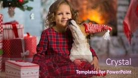  Presentation with child tree - Slides featuring little girl child celebrates christmas with dog jack russell terrier at home under the christmas tree background and a tawny brown colored foreground