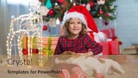  Presentation with child tree - Amazing PPT layouts having little girl child celebrates christmas with dog jack russell terrier in stripes socks at home under the christmas tree backdrop and a coral colored foreground