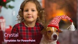  Presentation with child tree - PPT layouts with little girl child celebrates christmas with dog jack russell terrier at home under the christmas tree background and a tawny brown colored foreground