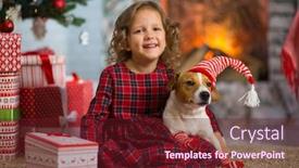  Presentation with child tree - Slide deck enhanced with little girl child celebrates christmas with dog jack russell terrier at home under the christmas tree background and a tawny brown colored foreground