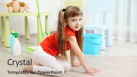  Presentation with room cleaning - Presentation theme having little girl cleaning her room background and a coral colored foreground