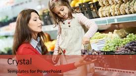  Presentation with family shopping - Beautiful presentation design featuring little girl daughter choosing fruit backdrop and a red colored foreground