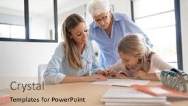  Presentation with grandma - Cool new slide set with little girl doing homework mom and grandma watching her backdrop and a coral colored foreground