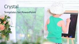  Presentation with water color - PPT layouts featuring little girl drawing water color paints on easel near the window background and a sky blue colored foreground