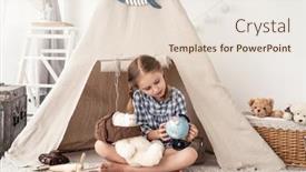  Presentation with teddy bear - PPT theme having little-girl-exploring-globe background and a lemonade colored foreground