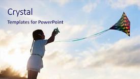  Presentation with sunset beach - PPT theme consisting of little girl flying a kite background and a sky blue colored foreground