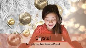  Presentation with girl christmas - Theme enhanced with little girl getting gift against christmas decorations on branch background and a coral colored foreground