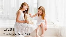  Presentation with sitting teddy bear isolated - Slide set consisting of little girl giving her teddy background and a lemonade colored foreground