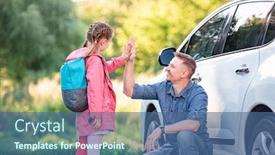  Presentation with school - Audience pleasing presentation theme consisting of little-girl-greeting-father backdrop and a ocean colored foreground