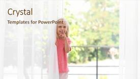  Presentation with behind curtain - Beautiful theme featuring detail window decor curtains - cute little girl hiding behind backdrop and a cream colored foreground