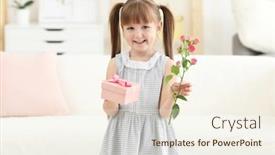  Presentation with gift - Beautiful presentation featuring little girl holding gift box and flower for mother's day at home backdrop and a sky blue colored foreground