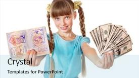  Presentation with foreign - PPT theme with little girl holding international passport foreign vacation background and a light blue colored foreground