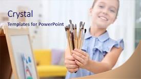  Presentation with happy young student girl holding - Slide deck having little girl holding many paintbrushes background and a sky blue colored foreground