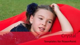  Presentation with mattress - Colorful slide deck enhanced with little girl in a dark blue dress lying on the red inflatable mattress in the park backdrop and a red colored foreground