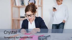  Presentation with brain and cell phone radiation - Cool new slides with little girl in glasses writing backdrop and a seafoam green colored foreground