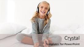  Presentation with happy music lovers - Cool new presentation theme with little girl in gray pajama backdrop and a mint green colored foreground