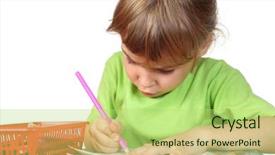  Presentation with green notebook - Colorful PPT layouts enhanced with little girl in green shirt painting in notebook pink pencil in hand half body isolated backdrop and a yellow colored foreground