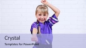  Presentation with kimono - Presentation theme featuring little girl in kimono doing exercises on wall background background and a light blue colored foreground