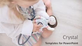  Presentation with doll - PPT layouts consisting of little girl in medical coat playing with doll on floor background and a soft green colored foreground