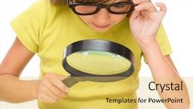  Presentation with reading table - Colorful theme enhanced with little girl is reading book using magnifier while sitting at table isolated over white backdrop and a yellow colored foreground
